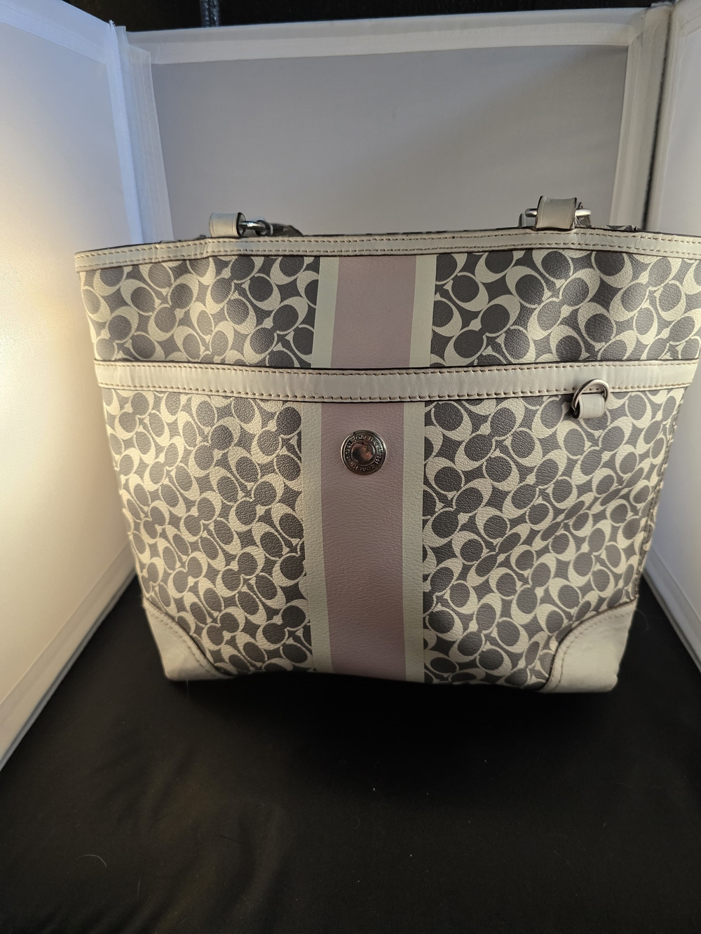 Coach Signature Canvas Tote with Pale Pink Stripe